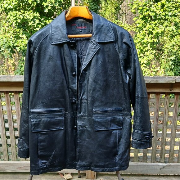 Vintage 90's Black Leather Warm Double Lined Car Coat Many Pockets & Details SzL - Picture 1 of 16